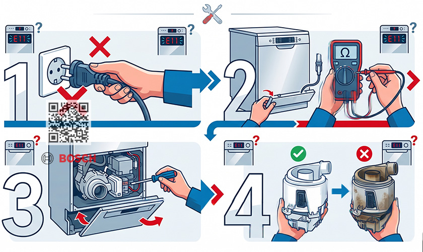Lỗi E11 máy rửa bát Bosch: 3 Vấn đề & Cách khắc phục 7 Một số bước bạn tự kiểm tra và xử lý lỗi E11 ở máy rửa bát Bosch