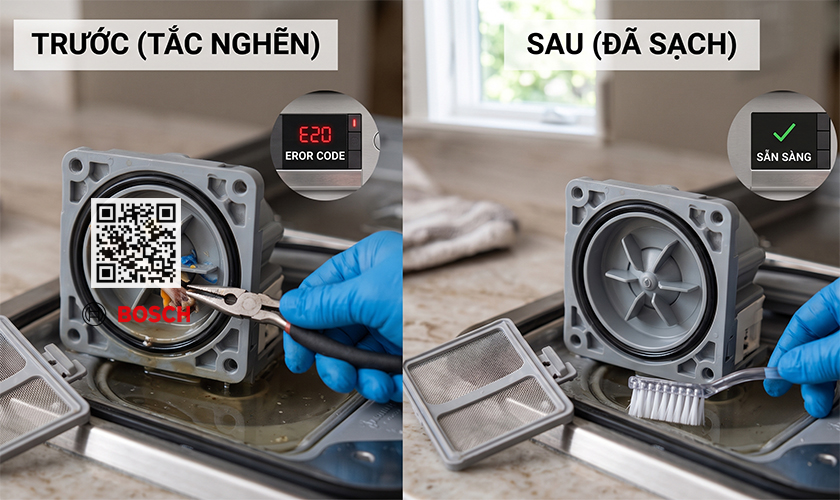 Lỗi E20 máy rửa bát Bosch: Nguyên nhân & Cách sửa 6 3 bước tự kiểm tra và xử lý lỗi E20 ở máy rửa bát Bosch tại nhà trước khi gọi thợ