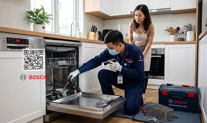 Lỗi E22 máy rửa bát Bosch: 4 Vấn đề & Mẹo hay khắc phục 4 Kỹ thuật viên Trạm bảo hành Bosch Home VN hướng dẫn khách hàng cách xử lý lỗi E22 ở máy rửa bát Bosch